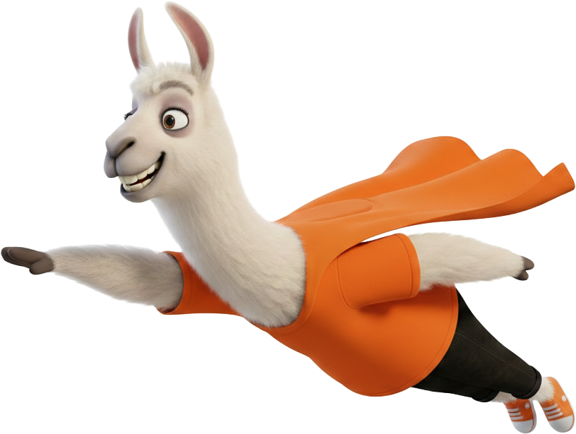 Tina the Llama flying like a superhero.